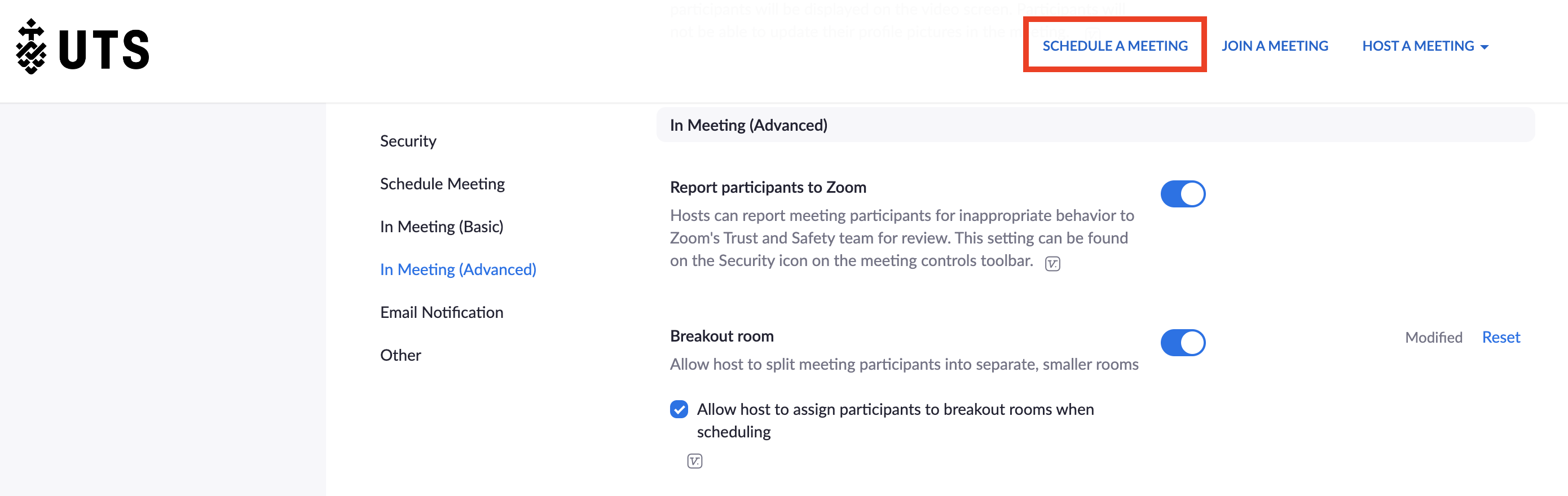 Screenshot of UTS Zoom portal with 'Schedule a Meeting' link highlighted
