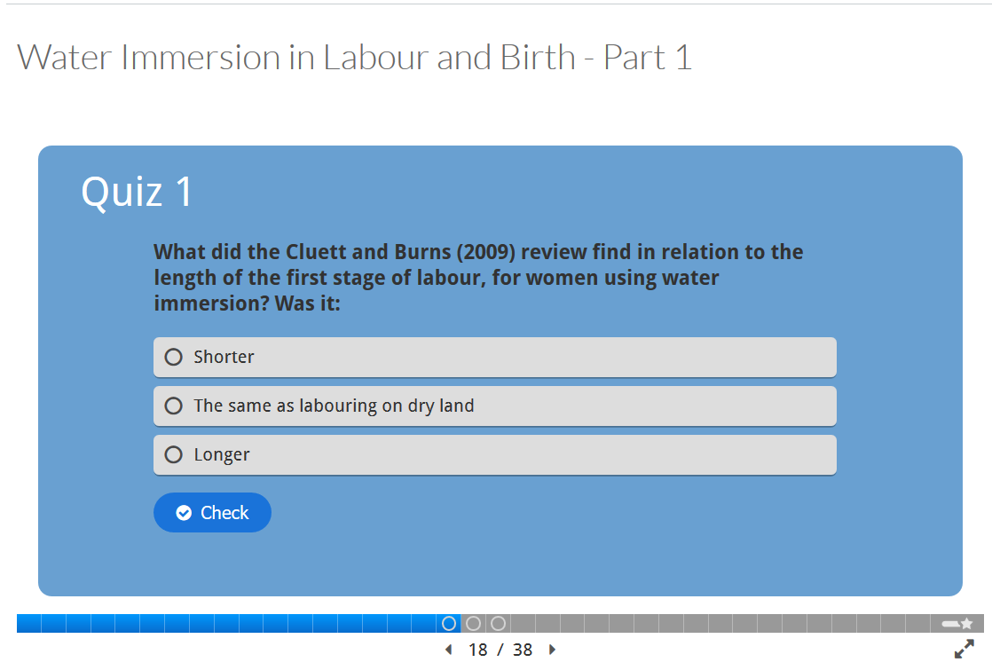 A slide in H5P embedded into a Canvas page containing a quiz question, allowing the slides to be interactive.