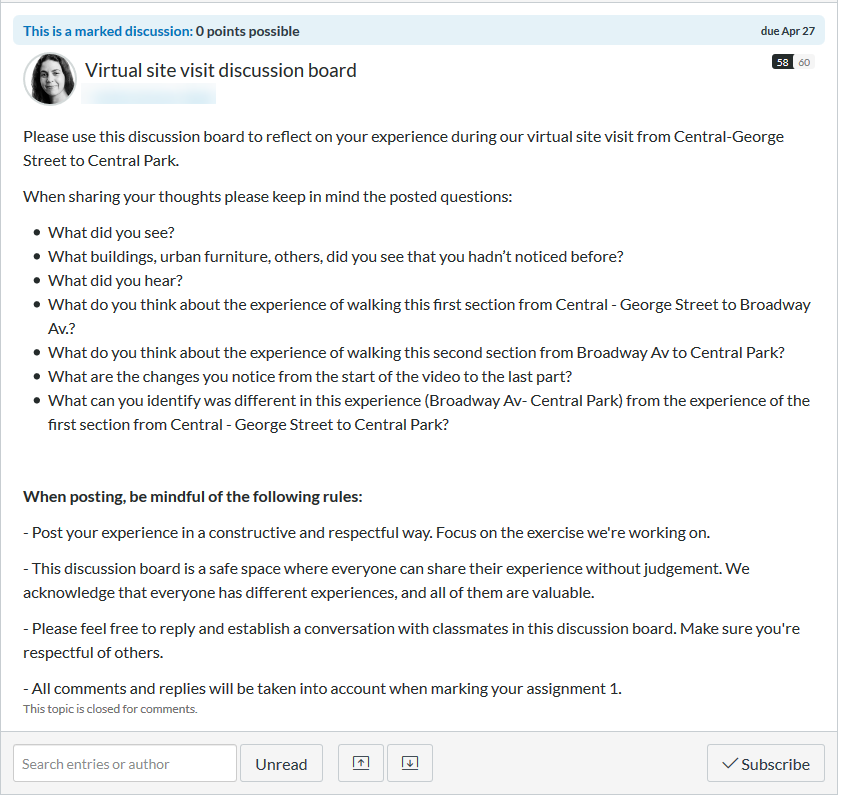 An example of a virtual discussion board, with questions to prompt the responses as well as housekeeping rules when responding.