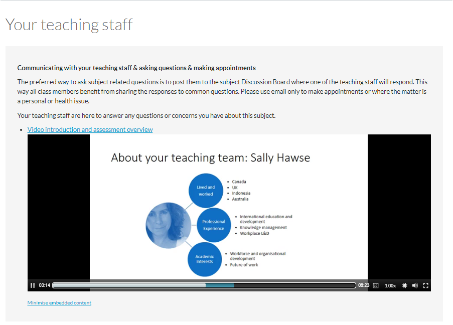A welcome page including a video that covers the assessment overview as well as introducing the teaching staff in the subject.