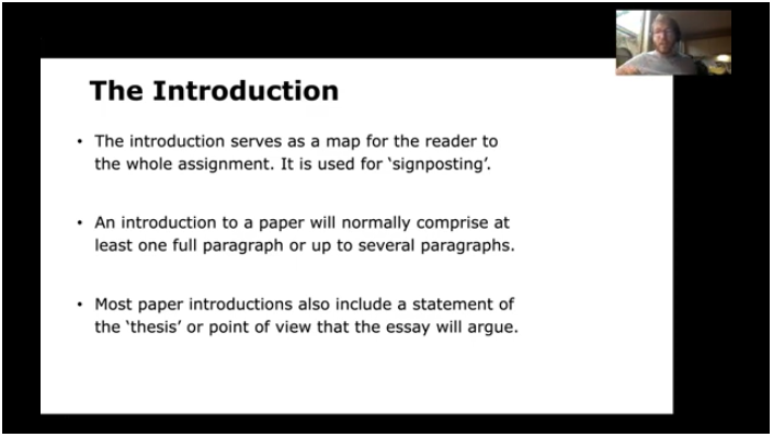 A slide in the video providing key points in writing an introduction to a paper.
