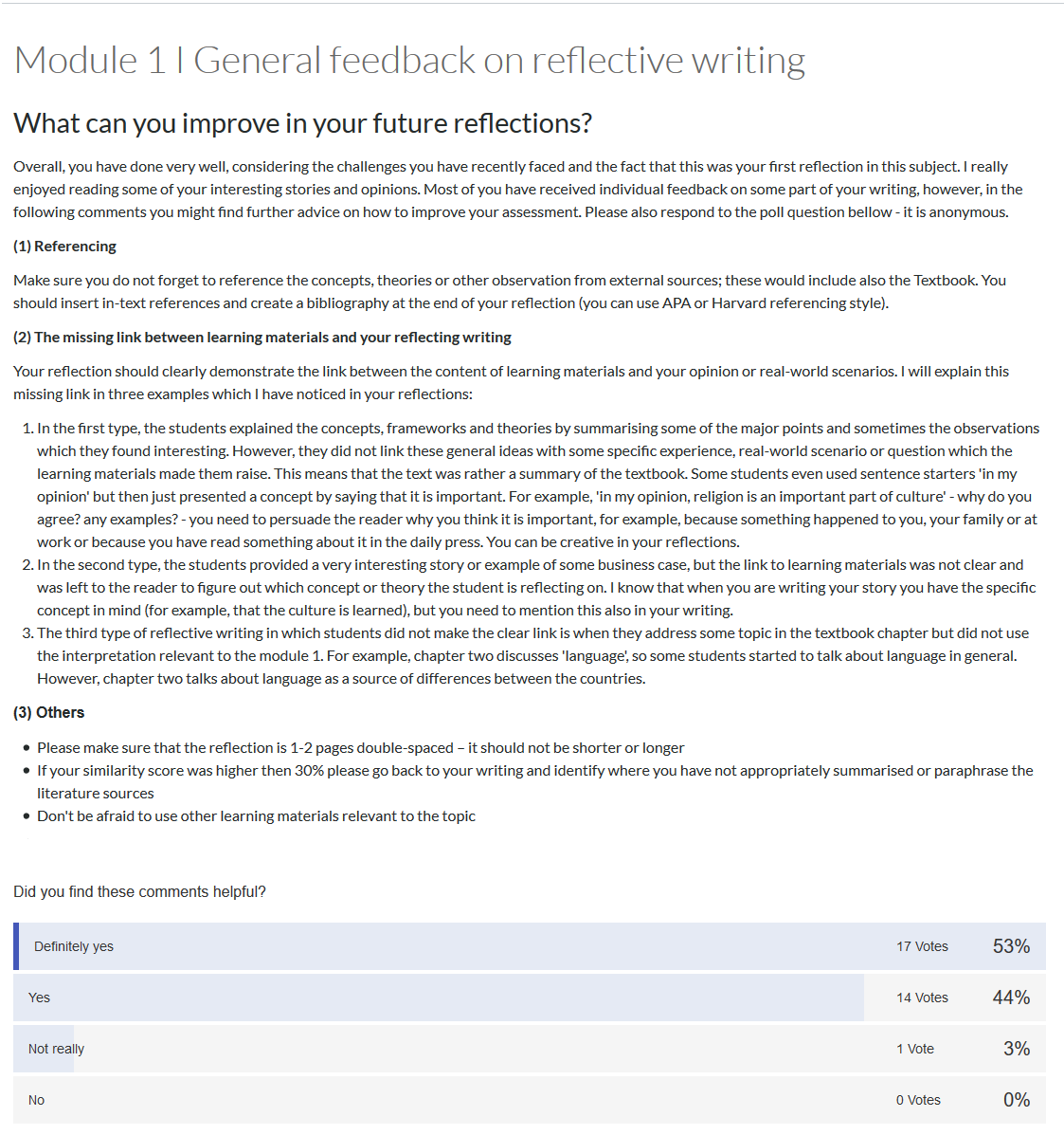 A Canvas page providing general feedback on reflective writing as well as a poll underneath to indicate whether or not this information was helpful for the students.