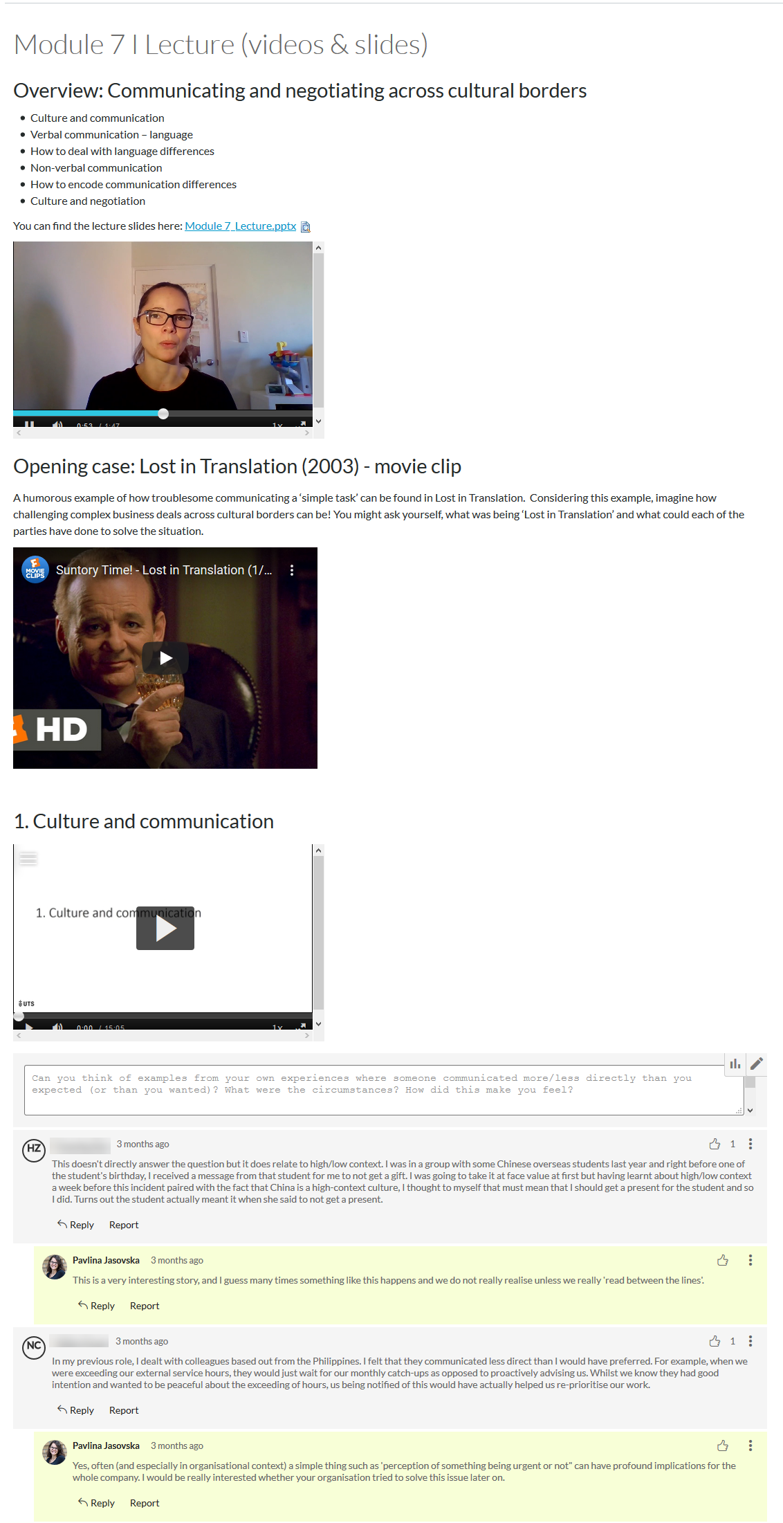 A Canvas page displaying a collection of short videos, which have been broken up with text and a comments box below to allow the students to engage.