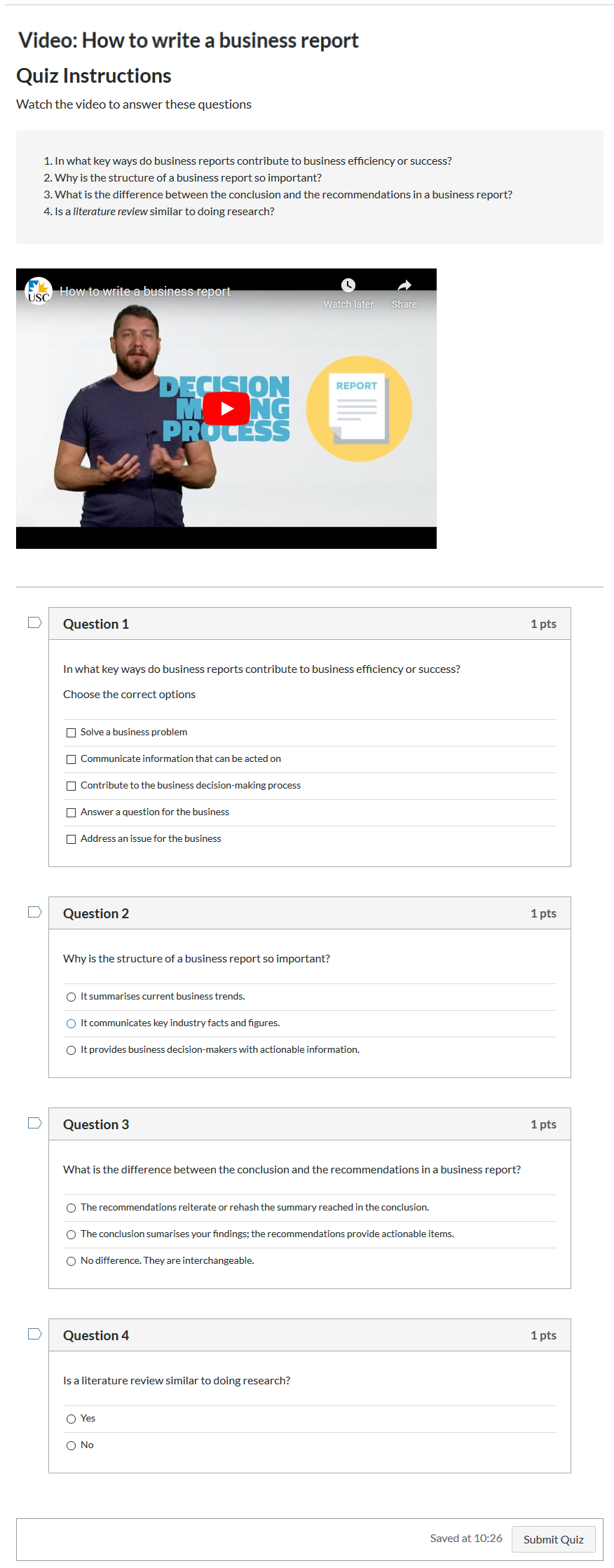 A Canvas quiz with 4 questions based on the embedded video.