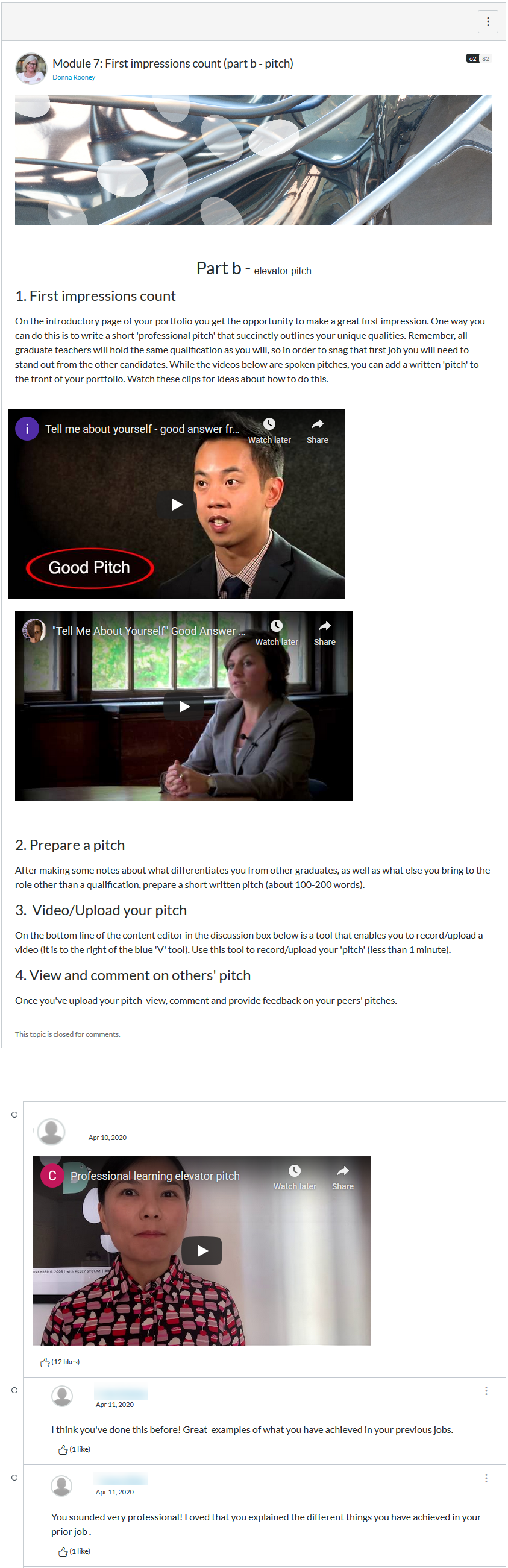 An elevator pitch activity set within a Canvas module. Context and instructions are given for students to create their own pitch which they can upload to on the bottom of the page.