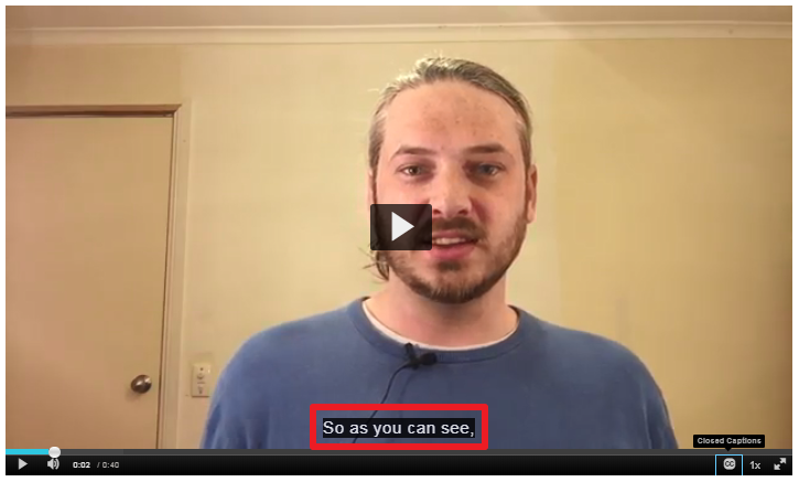 Screenshot of a Kaltura video player with a red box highlighting a closed captions display with the caption "So as you can see"