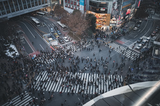 the Shibuya crosswalk in Tokyo, Japan. 