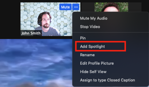 Screenshot of Zoom meeting participant window with 'Add Spotlight' menu option highlighted