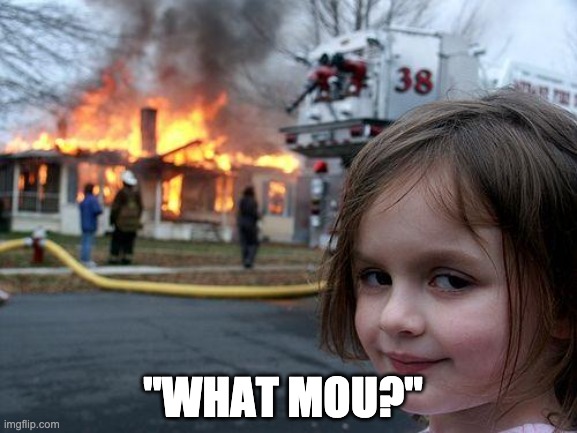picture of girl looking at camera with burning building in the background and the words 'What MOU'? over the top